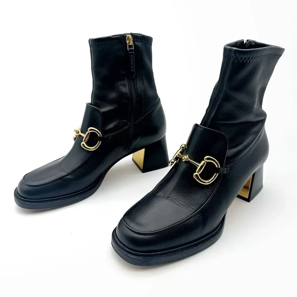 GUCCI Baby Bit Black Leather Boot Size 37 Mid Heel Bootie Square Toe Horsebit